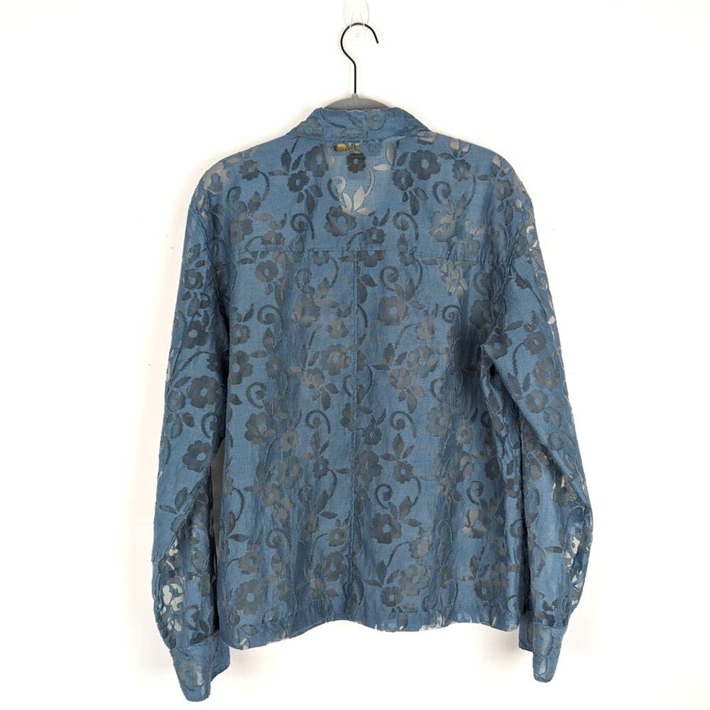 Vintage Mirasol Teal Sheer Floral Cut Out Linen Blend Button Down Blouse Medium - Picture 4 of 7